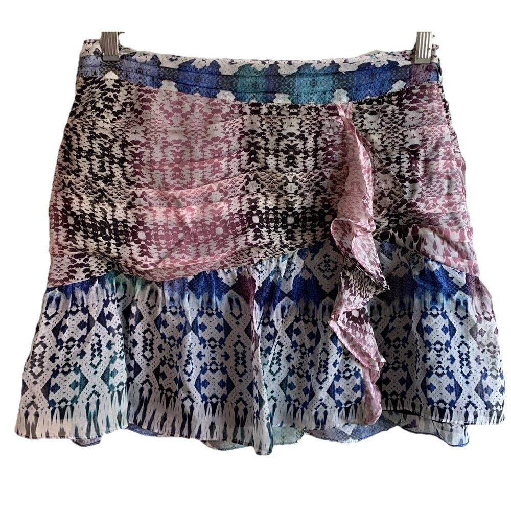 ▶️ Ramy Brook Silk Mini Skirt Womens 4 Ruffle Boho Tiered Festival Print
